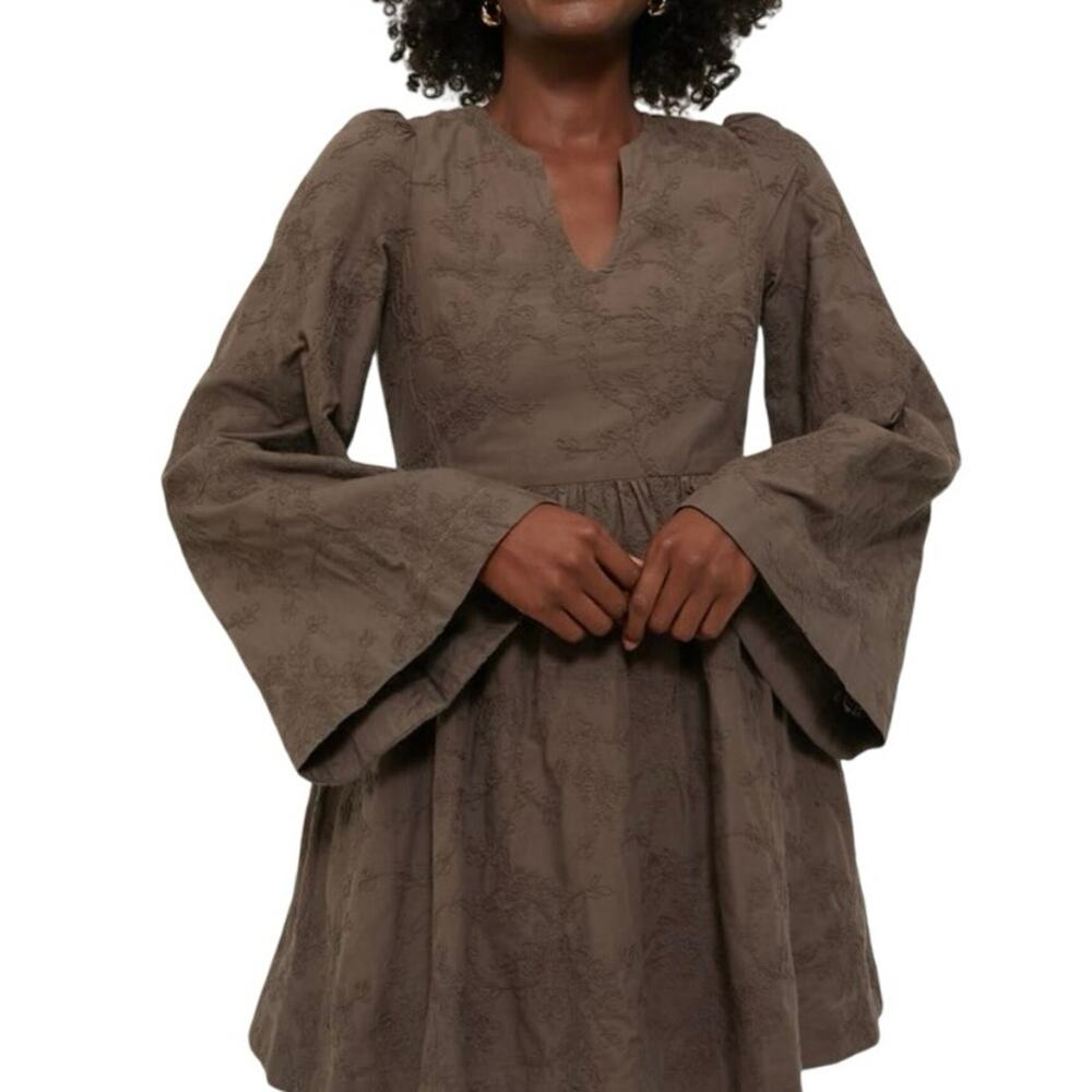 New Tuckernuck Hyacinth House Brown Textured Becca Bell-Sleeved Dress S 1606-11